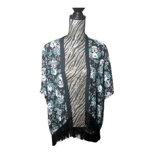 Black Blue Floral Skull Print Kimono Top